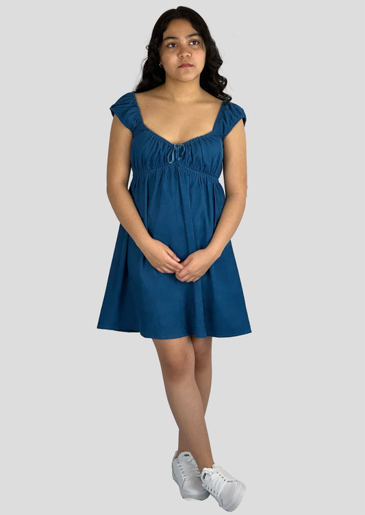 COBALT CORDUROY BABYDOLL DRESS