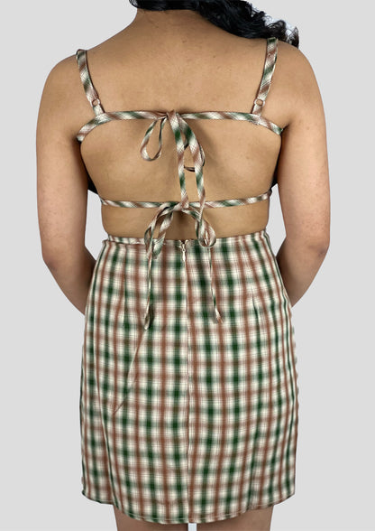 BROWN-GREEN CHECK PATTERN DRESS