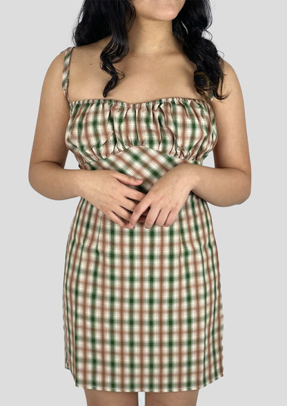 BROWN-GREEN CHECK PATTERN DRESS