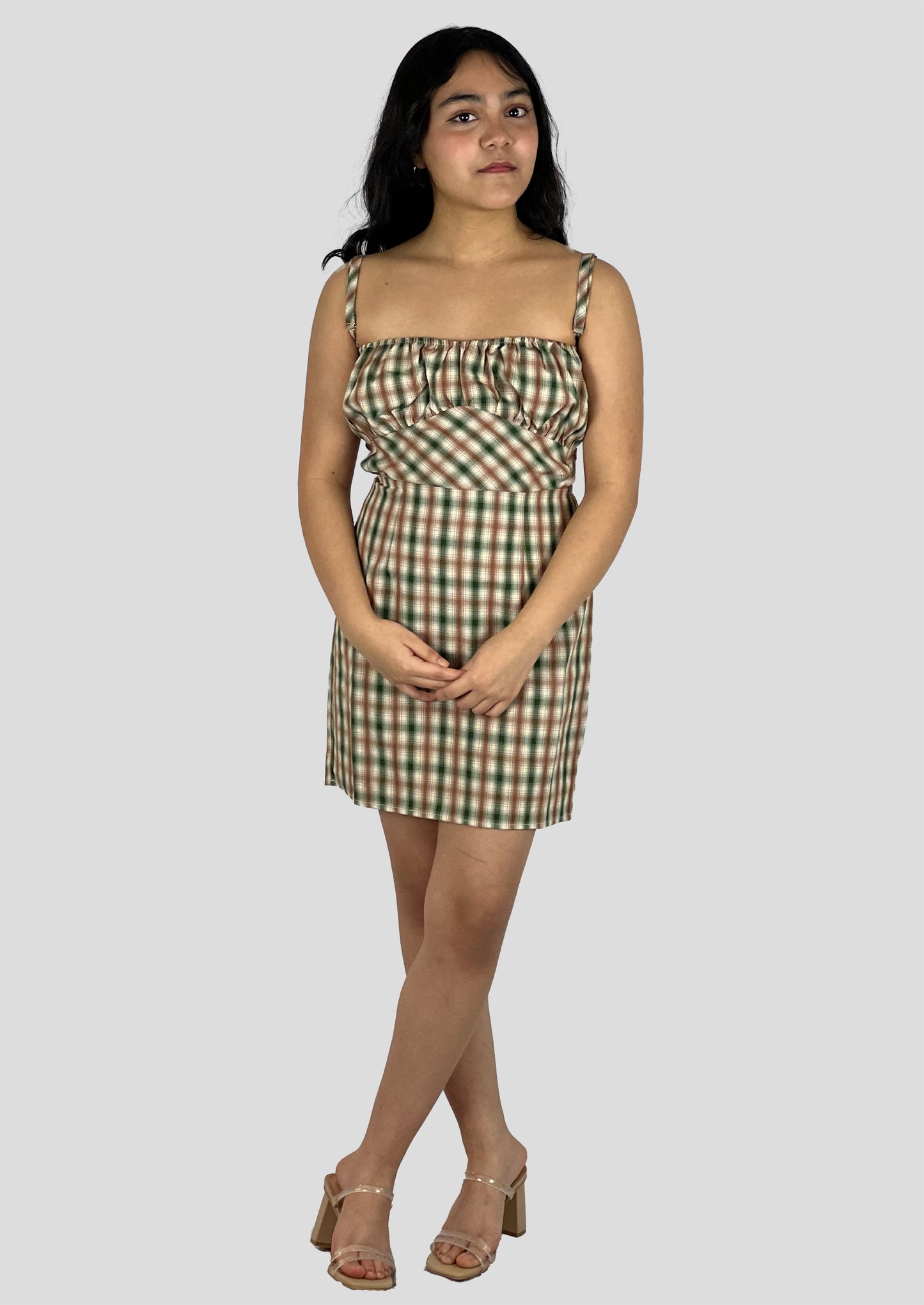 BROWN-GREEN CHECK PATTERN DRESS