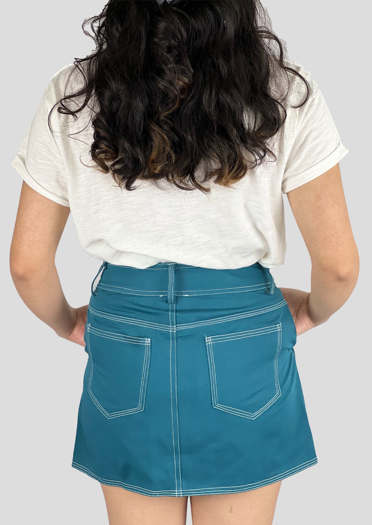 TEAL CONTRAST STITCHED MINI SKIRT