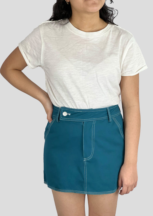 TEAL CONTRAST STITCHED MINI SKIRT