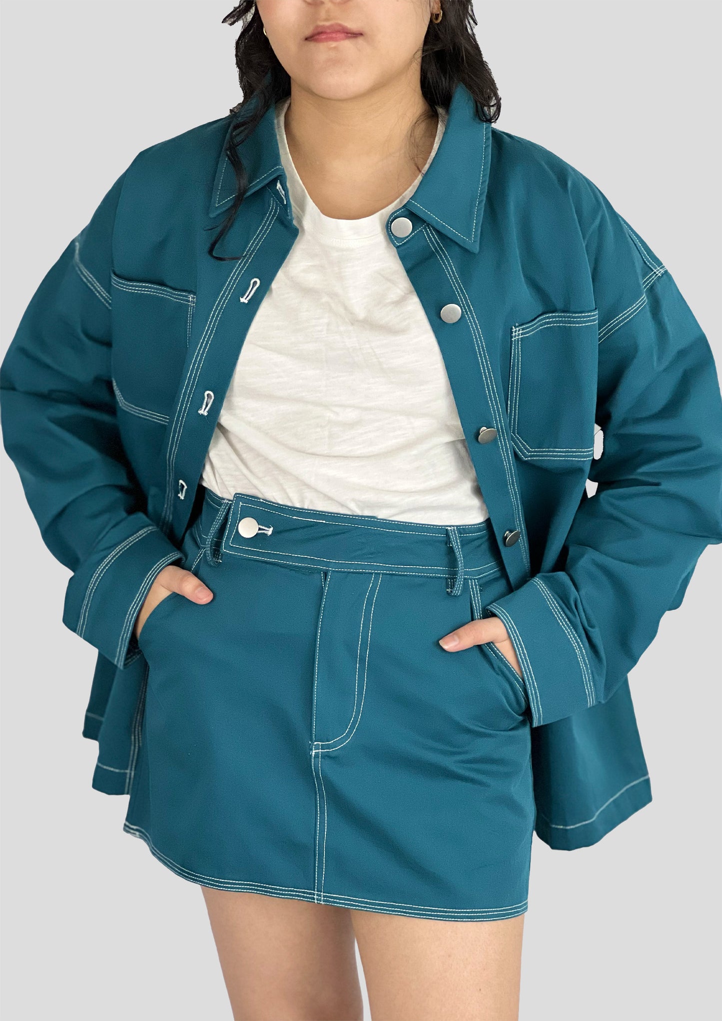 TEAL CONTRAST STITCHED OVERSIZED SHIRT