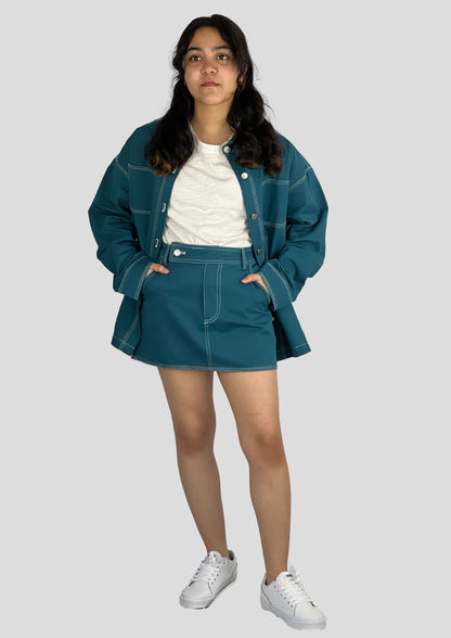 TEAL CONTRAST STITCHED MINI SKIRT