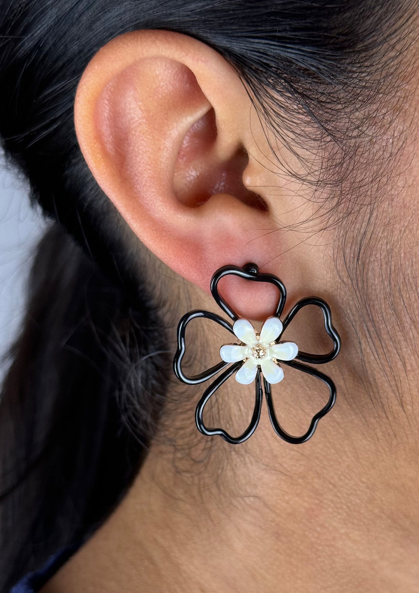 ENAMEL COATED METAL FLOWER DROP EARRINGS