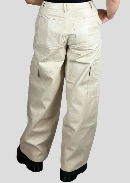 CREAM FAUX LEATHER CARGO PANTS