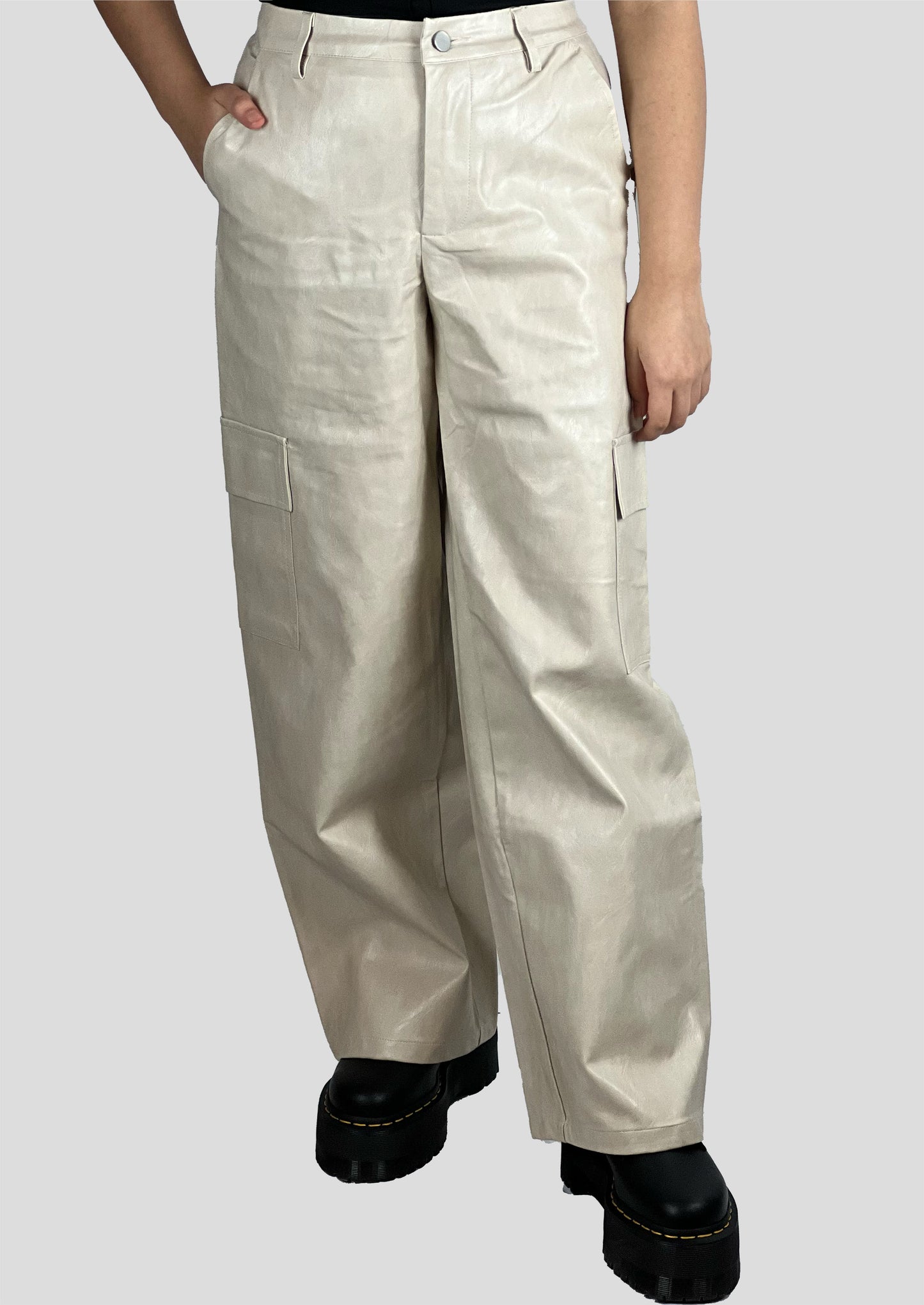 CREAM FAUX LEATHER CARGO PANTS