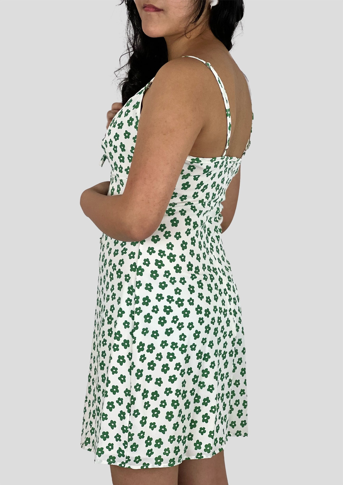 WHITE-GREEN FLORAL PRINT DRESS