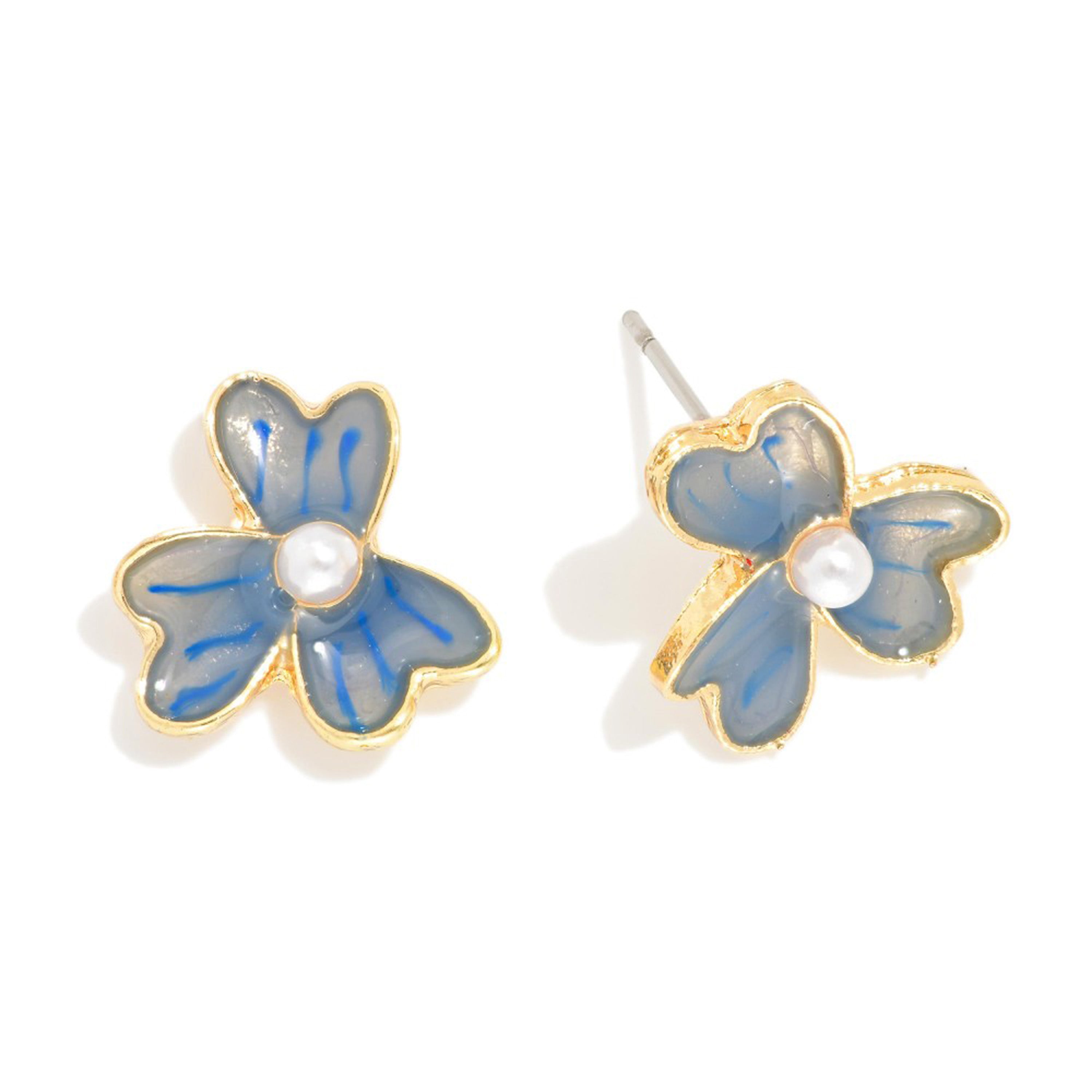 Enamel Flower Stud Pearl Earrings