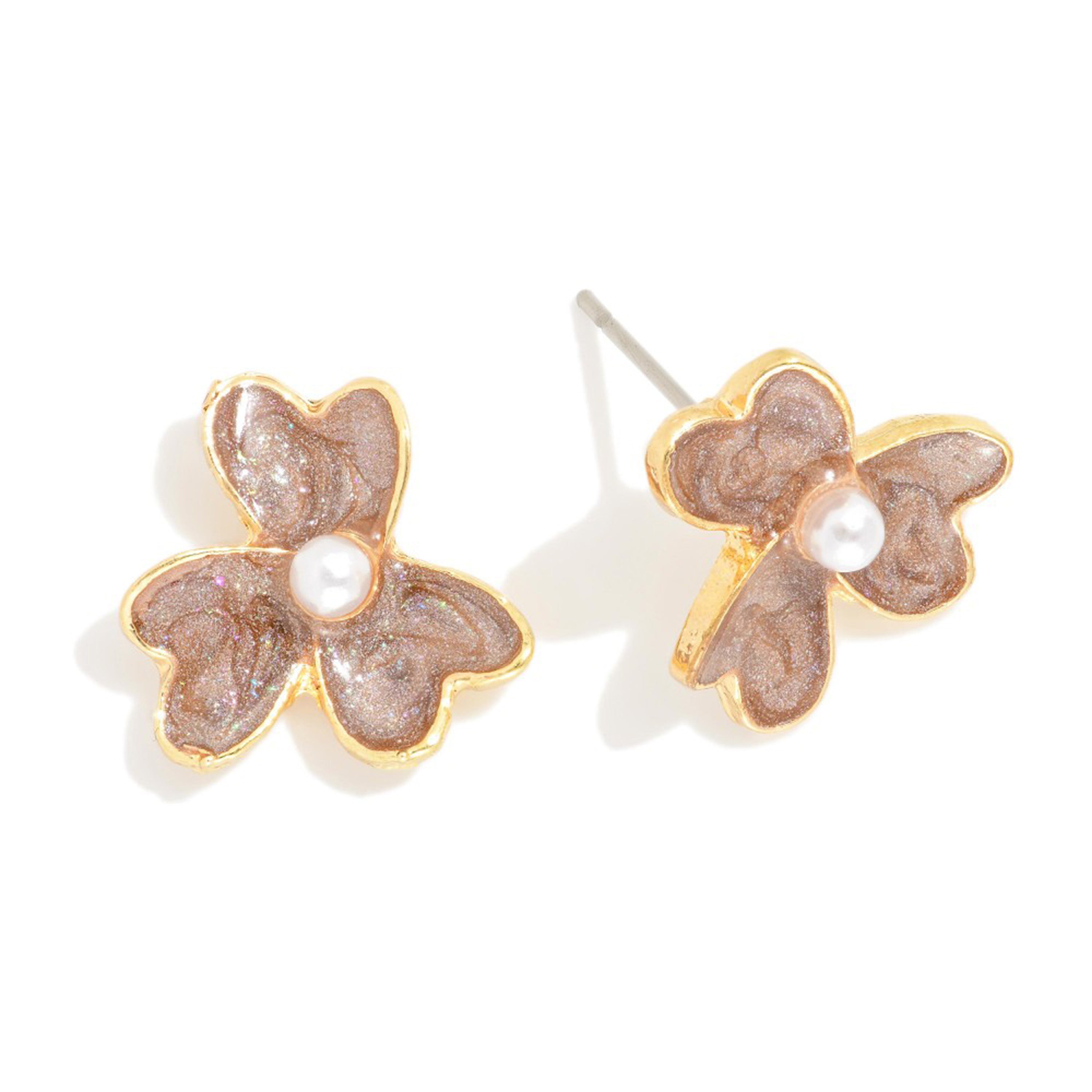 Enamel Flower Stud Pearl Earrings