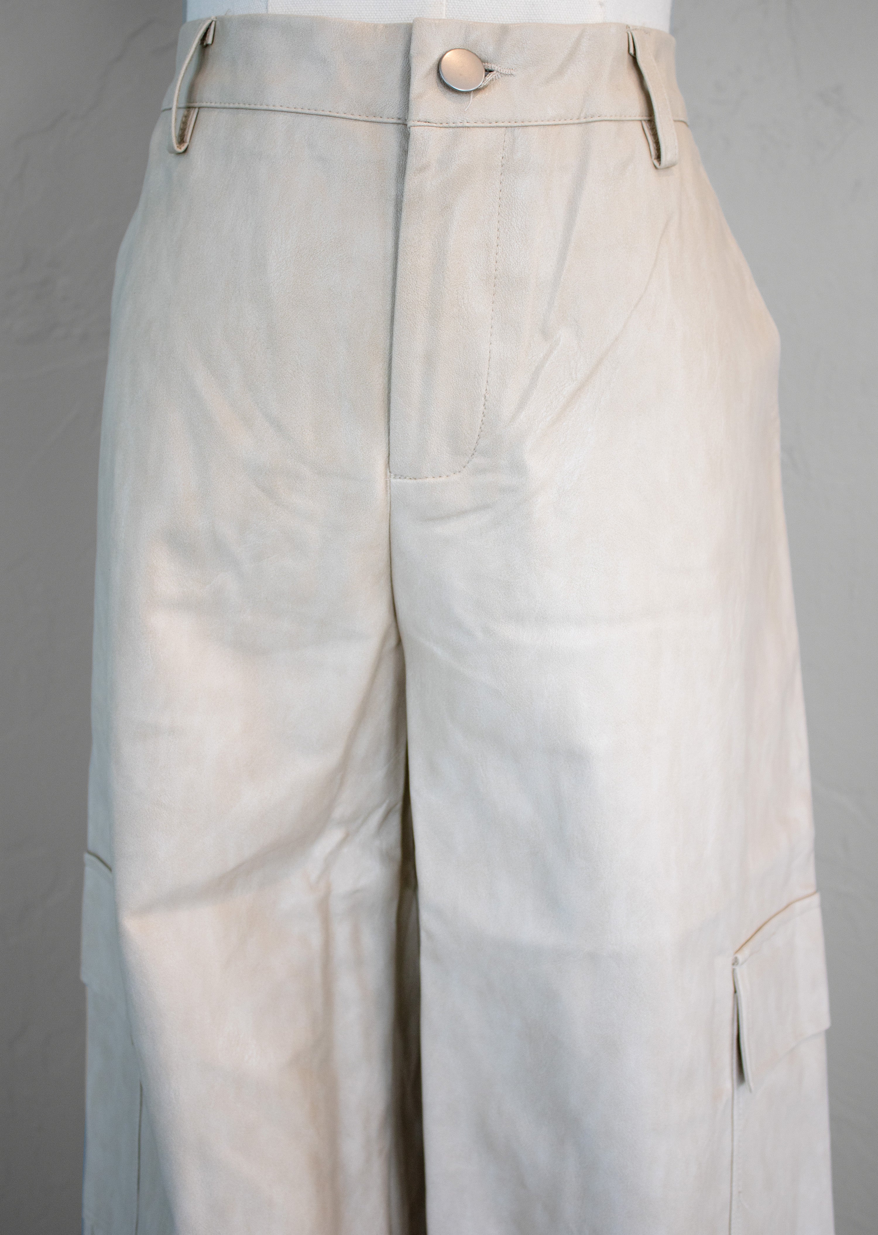 Cream Faux Leather Cargo Pants