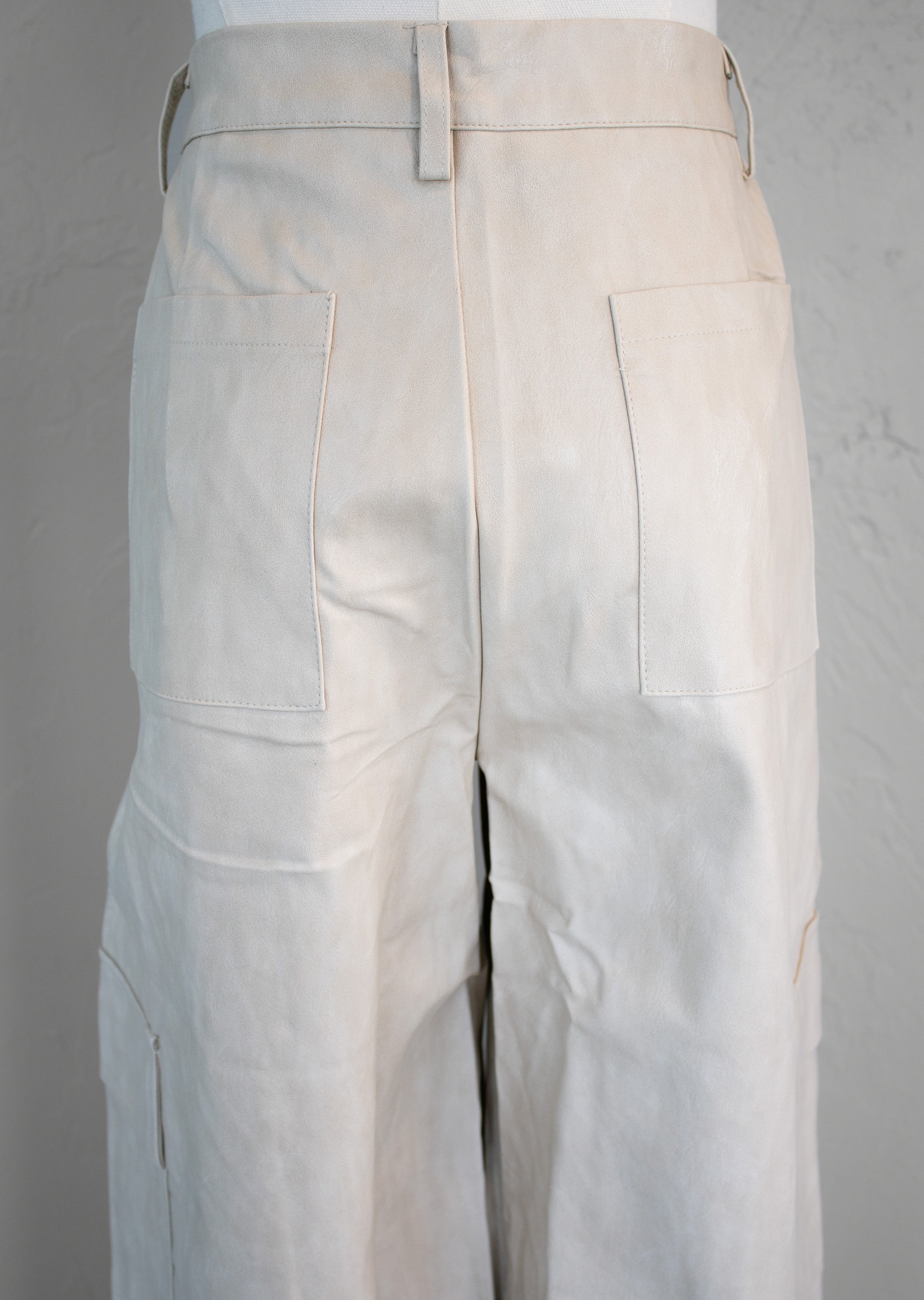 Cream Faux Leather Cargo Pants